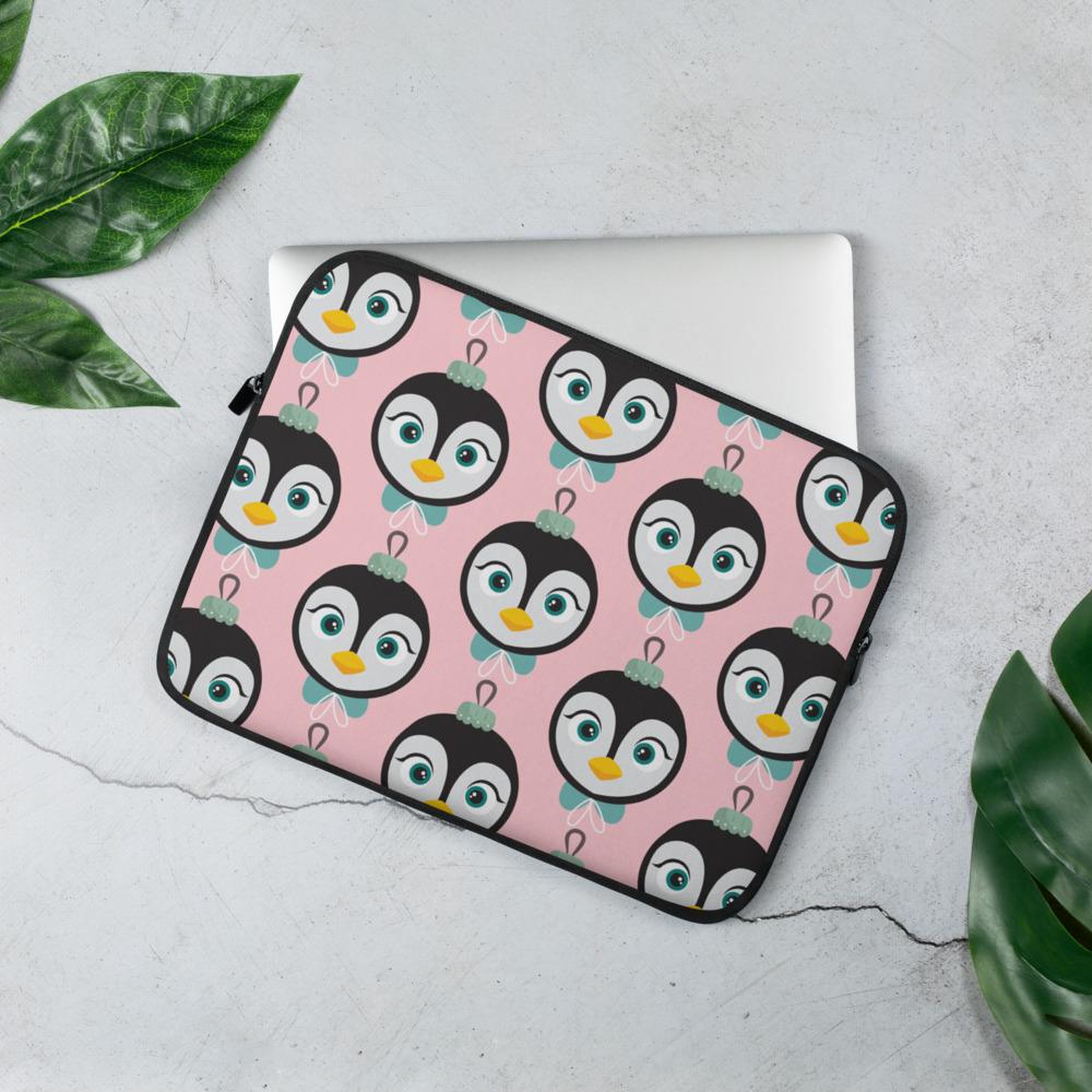 Kritter Christmas Penguin Ornament Laptop Sleeve featuring a festive penguin design, made of neoprene with faux fur lining.