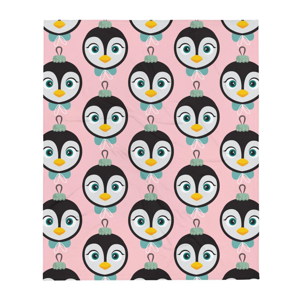 Kritter Christmas Penguin Ornament Throw Blanket in pink with a festive penguin design and white reverse side, perfect for holiday decor.