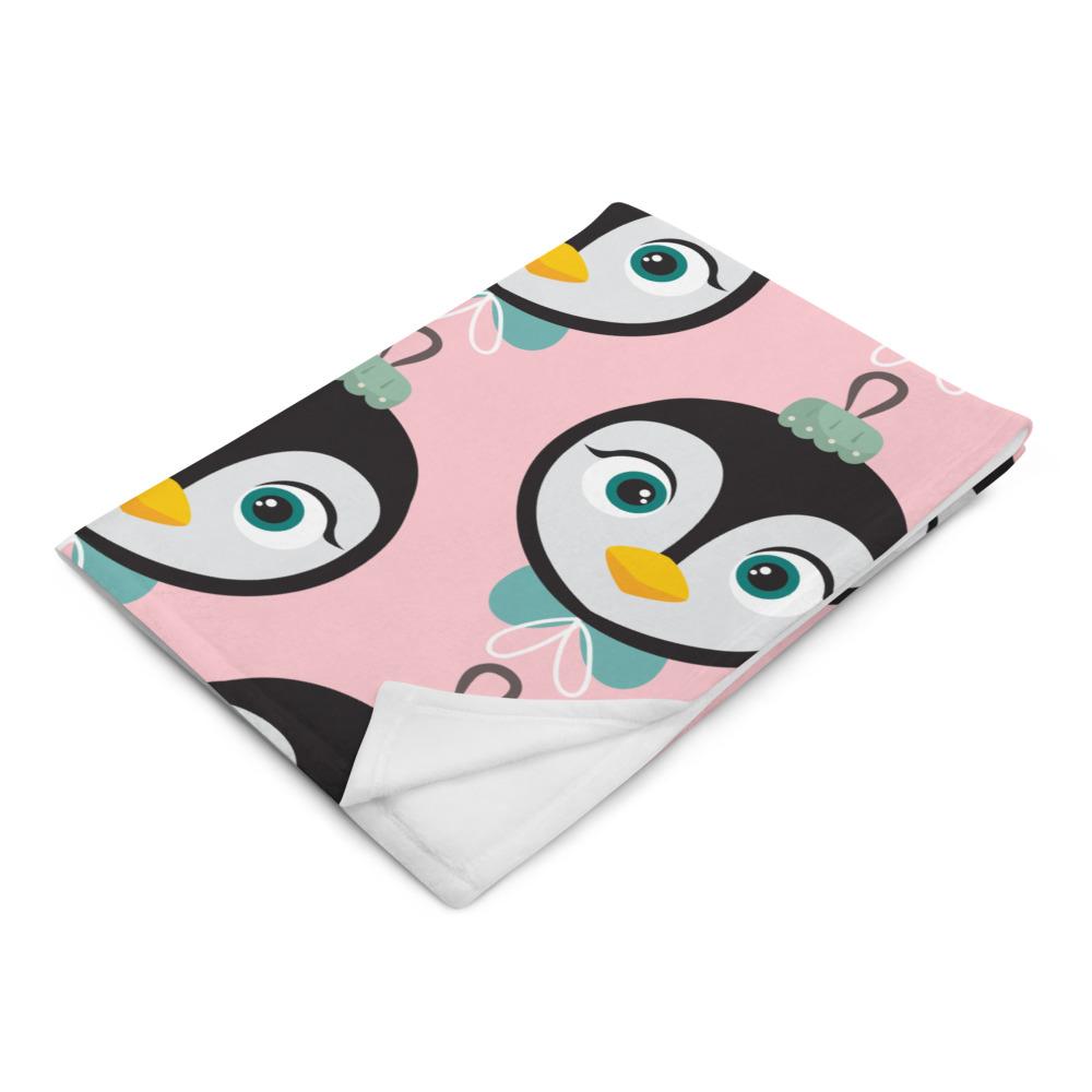 Kritter Christmas Penguin Ornament Throw Blanket in pink with a festive penguin design and white reverse side, perfect for holiday decor.