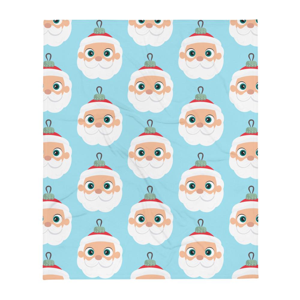 Kritter Christmas Santa Claus Ornament Throw Blanket in blue with a festive Santa design and white reverse side, perfect for holiday decor.