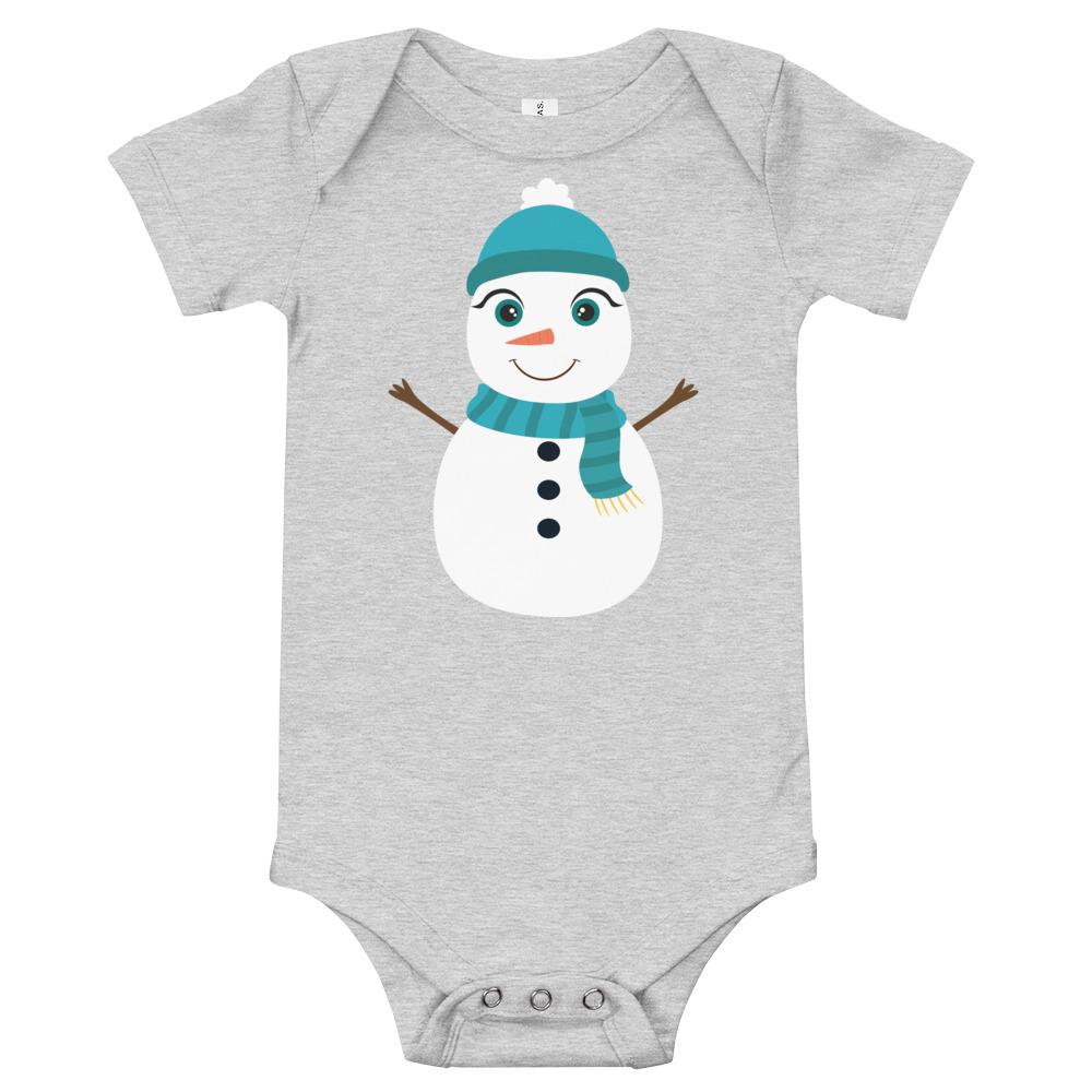 Kritter Christmas Snowman Baby Bodysuit featuring a festive snowman design, soft cotton fabric, and three snap leg closure.