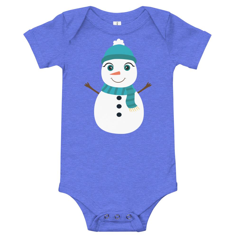 Kritter Christmas Snowman Baby Bodysuit featuring a festive snowman design, soft cotton fabric, and three snap leg closure.