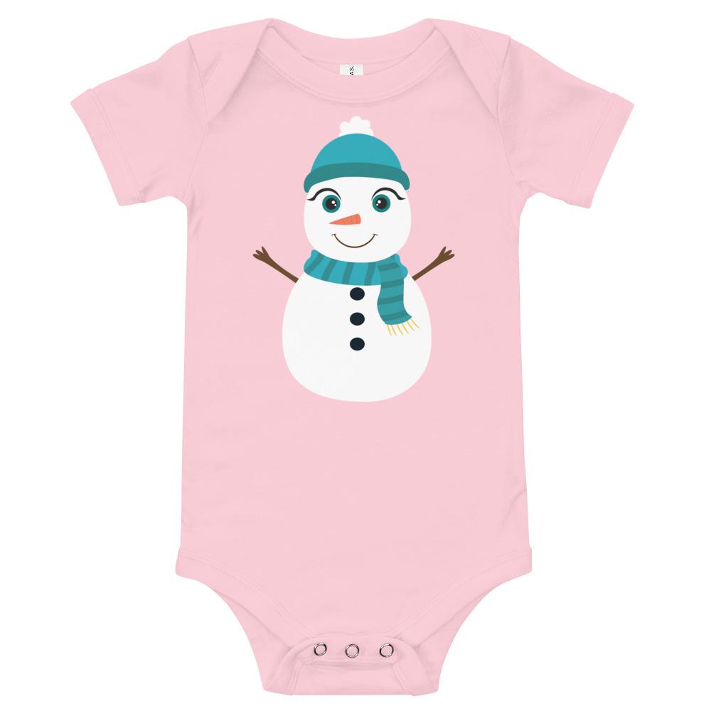 Kritter Christmas Snowman Baby Bodysuit featuring a festive snowman design, soft cotton fabric, and three snap leg closure.