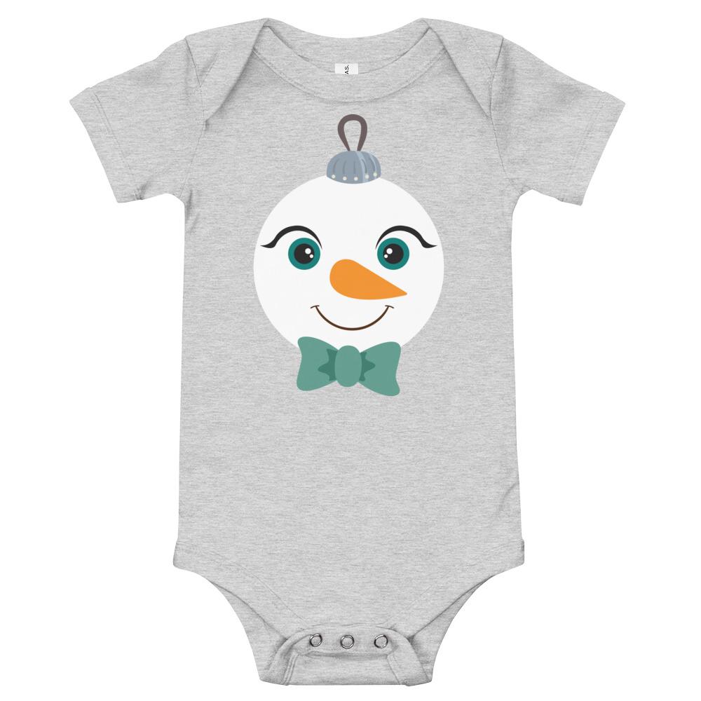 Kritter Christmas Snowman Ornament Baby Bodysuit featuring a festive snowman design, soft cotton fabric, and snap closures.