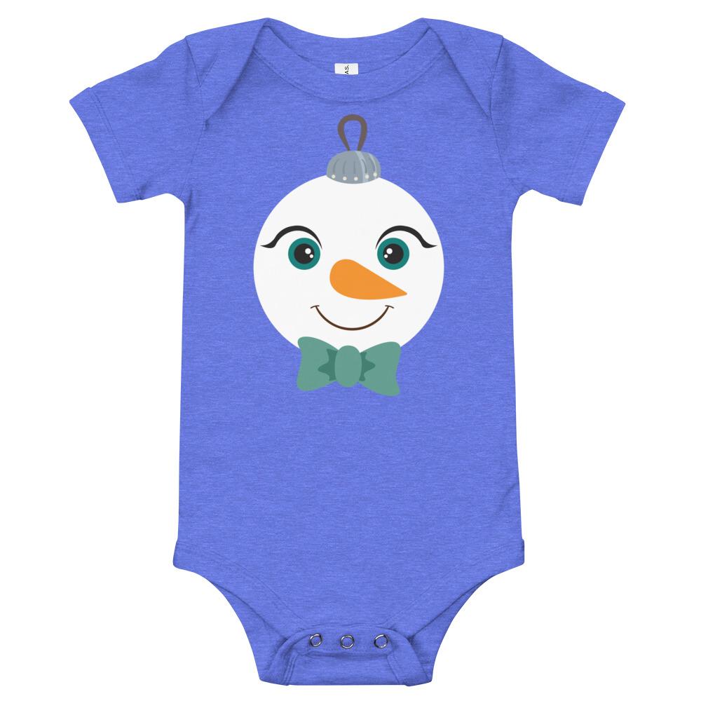 Kritter Christmas Snowman Ornament Baby Bodysuit featuring a festive snowman design, soft cotton fabric, and snap closures.