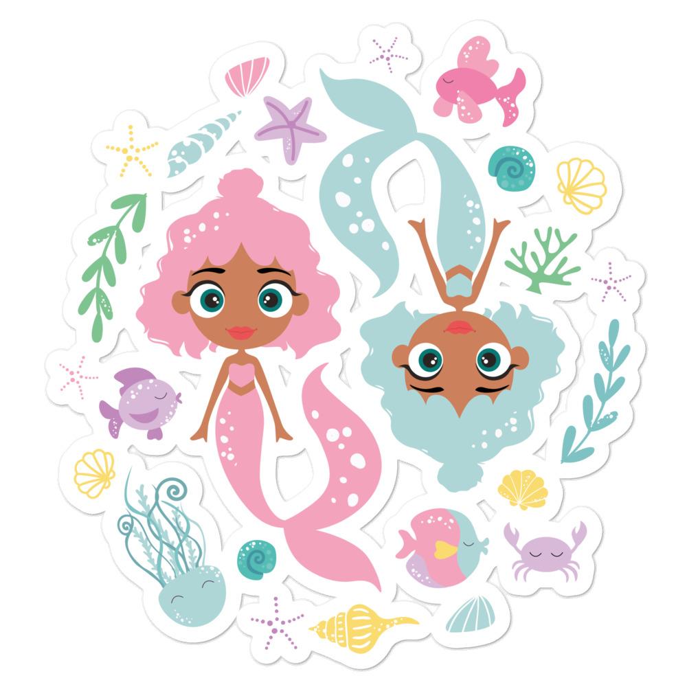 Kritter Mermaid Bubble-free stickers displayed on a colorful background, showcasing their vibrant designs and durable vinyl material.