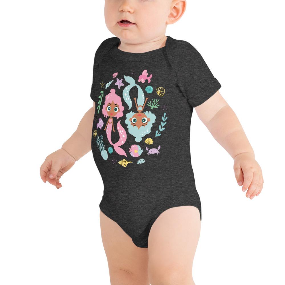 Kritter Mermaid Graphic Baby Bodysuit in soft cotton with a colorful mermaid design, featuring an envelope neckline and snap closures.