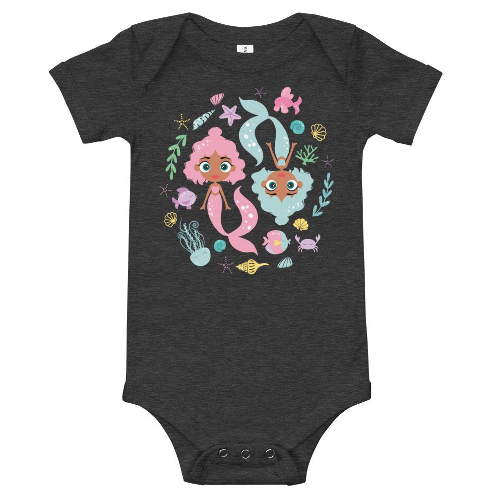 Kritter Mermaid Graphic Baby Bodysuit in soft cotton with a colorful mermaid design, featuring an envelope neckline and snap closures.