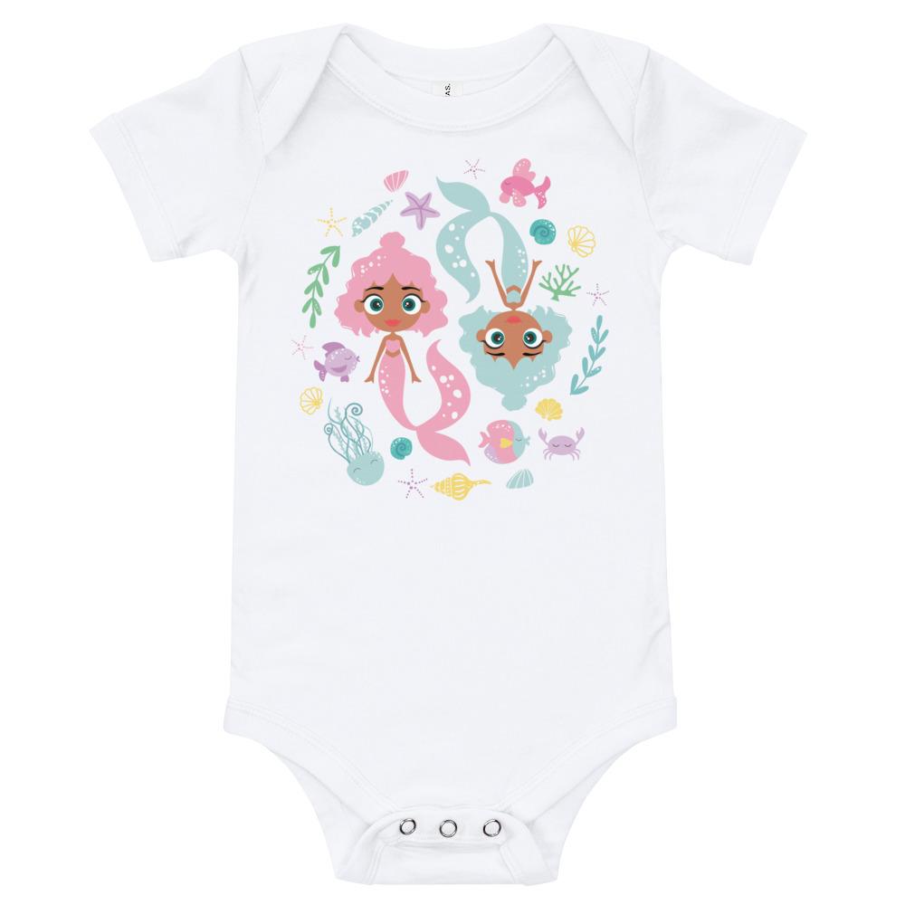 Kritter Mermaid Graphic Baby Bodysuit in soft cotton with a colorful mermaid design, featuring an envelope neckline and snap closures.