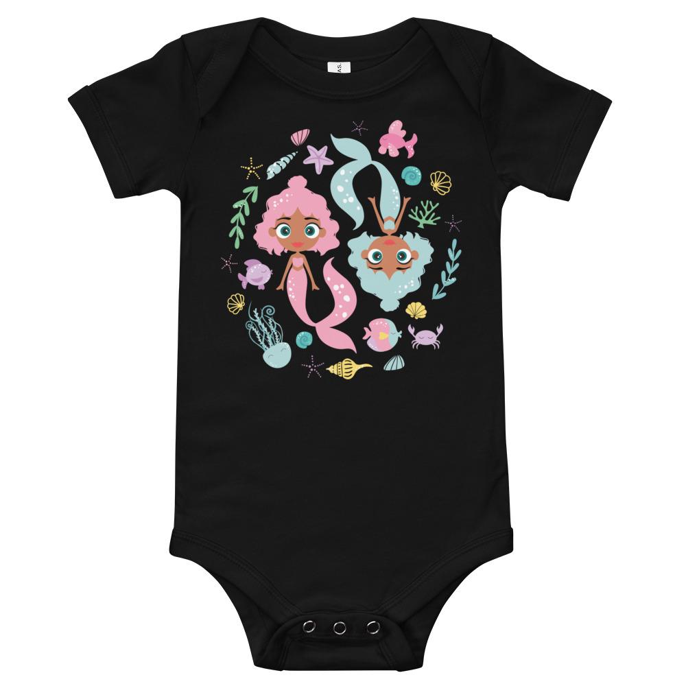 Kritter Mermaid Graphic Baby Bodysuit in soft cotton with a colorful mermaid design, featuring an envelope neckline and snap closures.