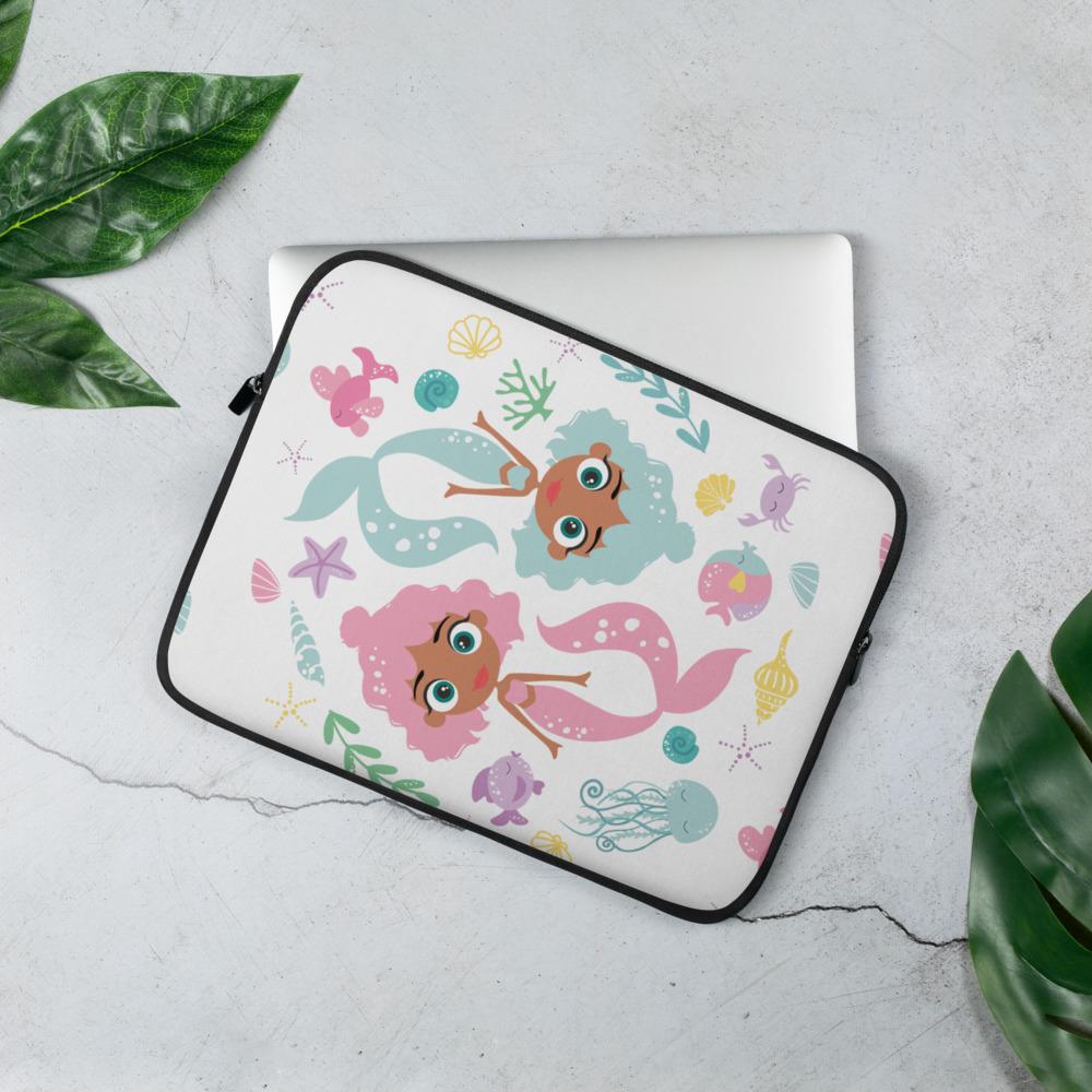 Kritter Mermaid Sea Graphic Laptop Sleeve featuring a colorful mermaid design, made of neoprene with a faux fur interior lining.