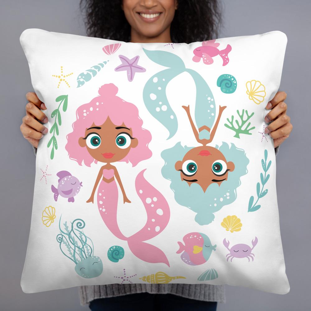 Kritter Mermaid Sea Pillow featuring a vibrant mermaid design with a hidden zipper and soft polyester fabric.