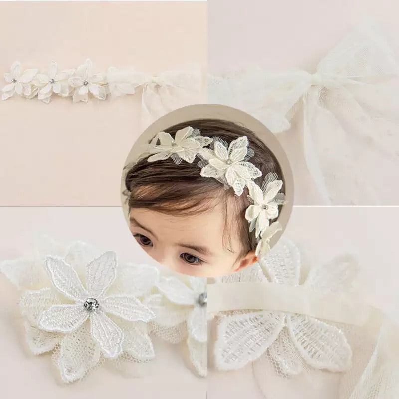 A stylish Lacey Flower headband featuring a delicate lace flower design, perfect for babies and toddlers aged 3M to 4T.