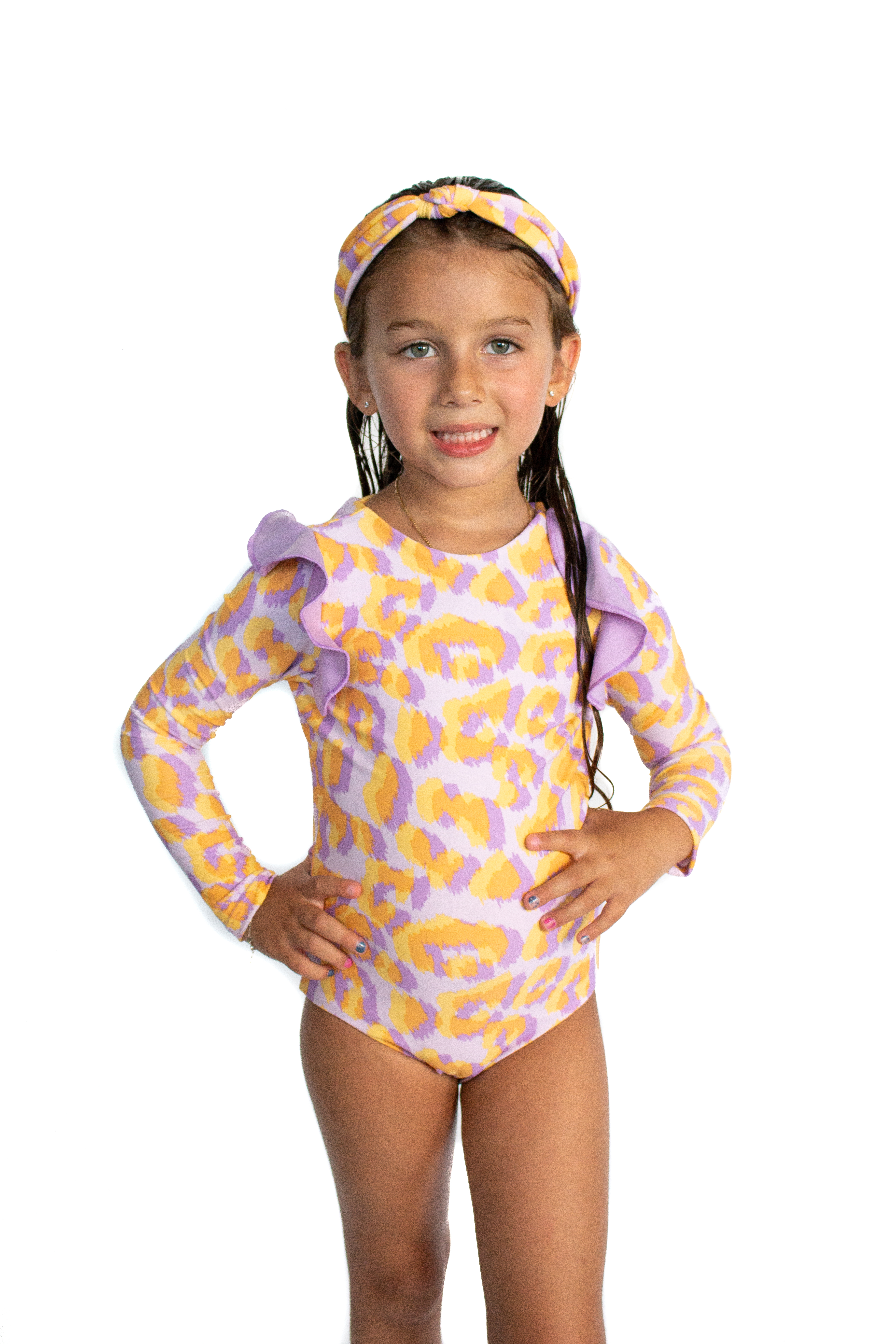 Lilac Leopard One Piece Long Sleeves Swimsuit for kids, featuring a vibrant leopard print and long sleeves for sun protection.