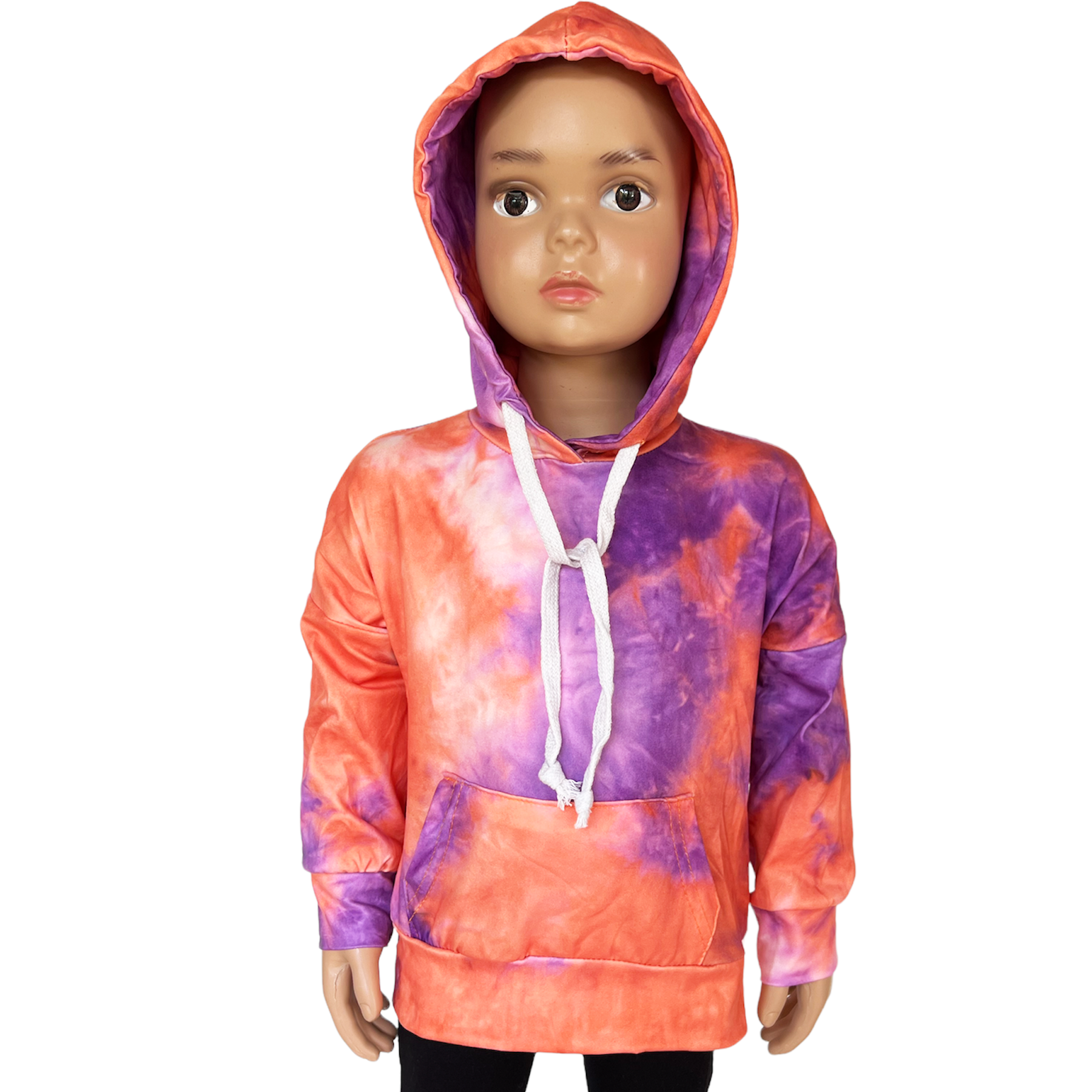 Little Big Girls Boutique tie dye hoodie in orange, purple, and pink, featuring pull strings and a cozy design, perfect for everyday wear.