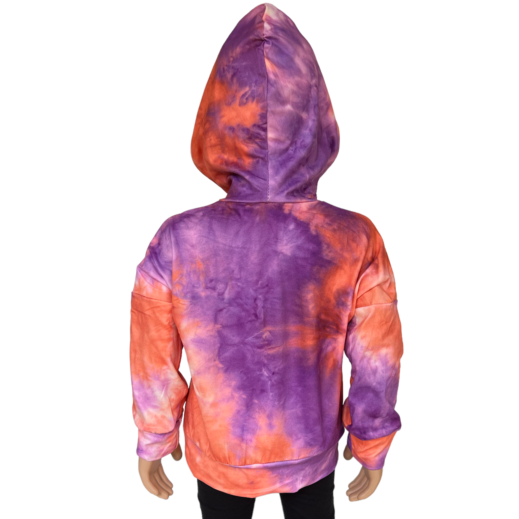 Little Big Girls Boutique tie dye hoodie in orange, purple, and pink, featuring pull strings and a cozy design, perfect for everyday wear.