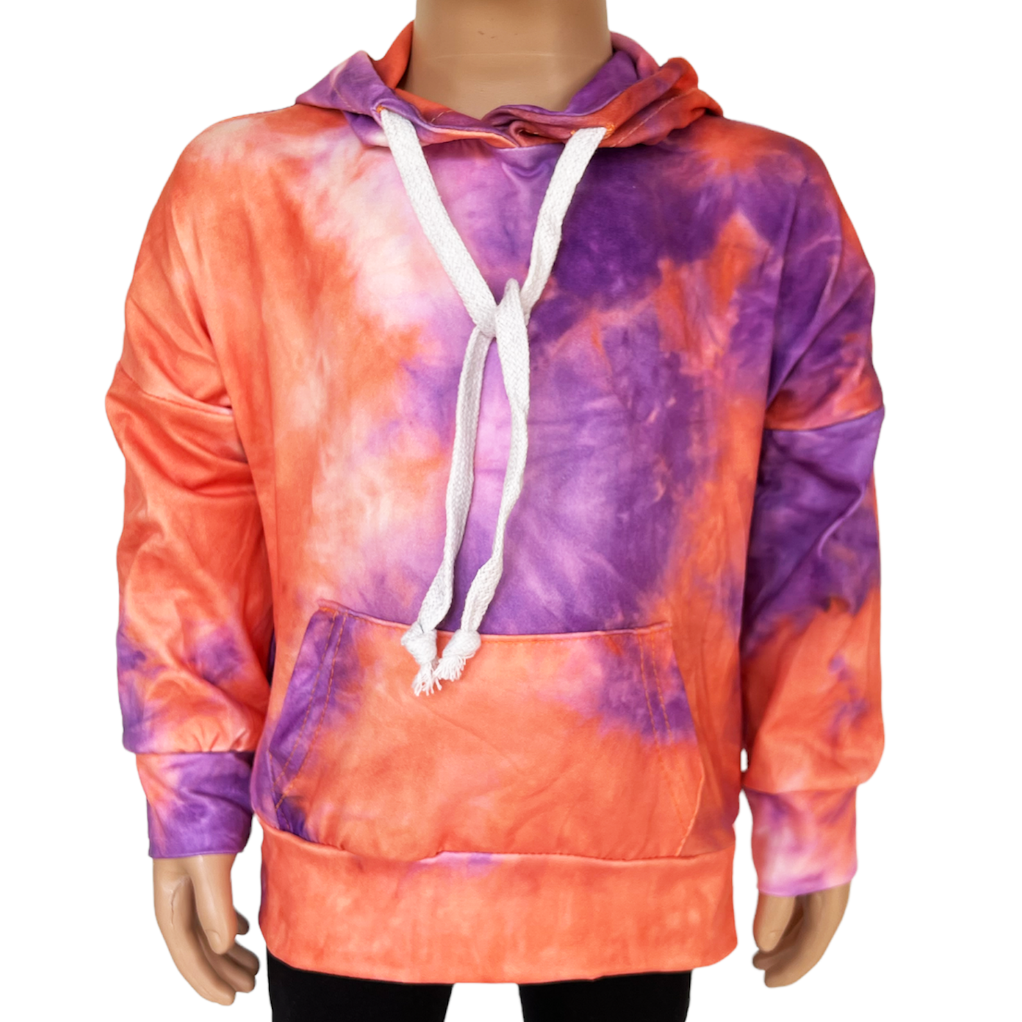 Little Big Girls Boutique tie dye hoodie in orange, purple, and pink, featuring pull strings and a cozy design, perfect for everyday wear.