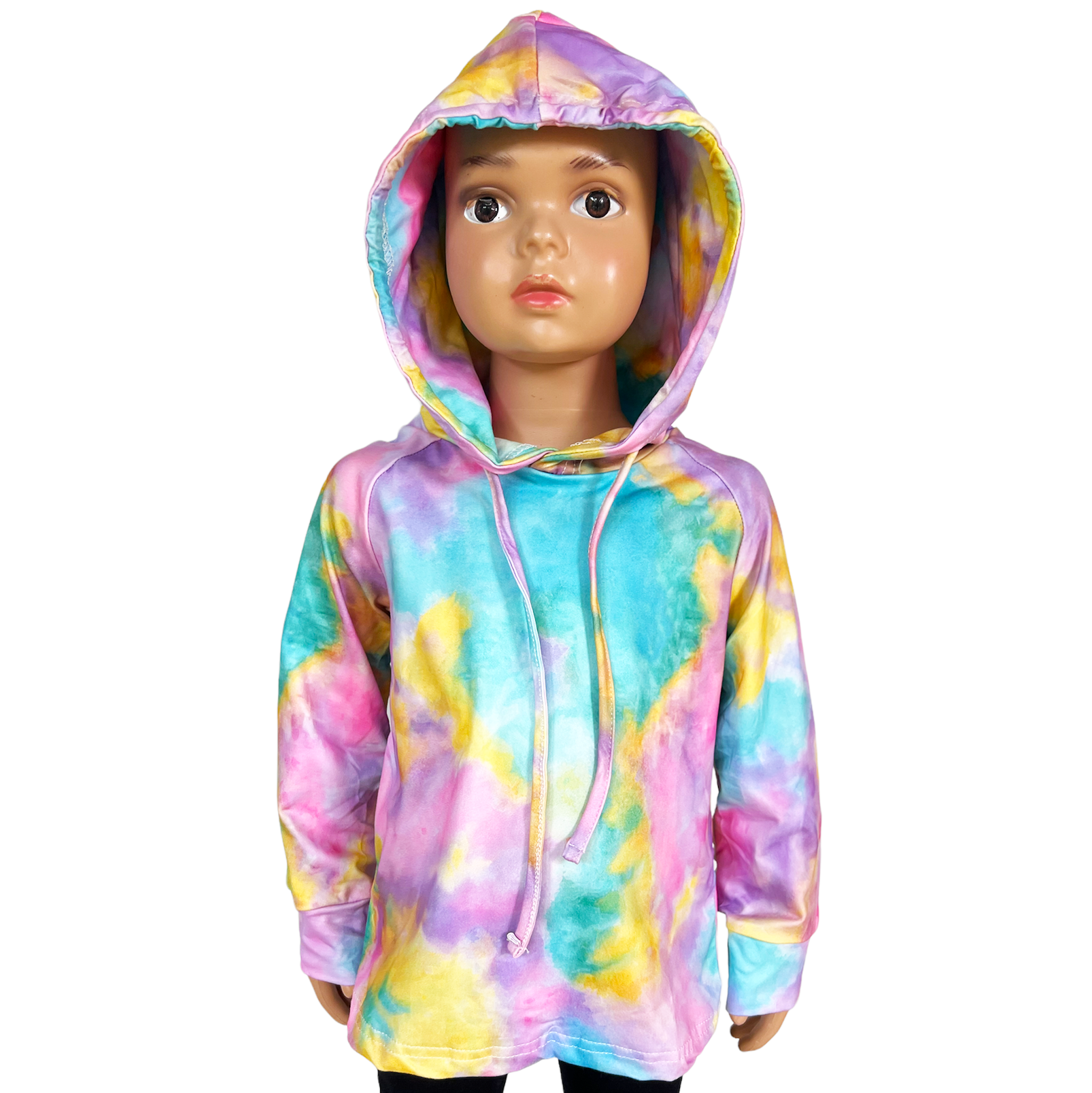 Pastel tie dye hoodie sweatshirt for girls in purple, pink, yellow, and turquoise colors, featuring pull strings for adjustable fit.