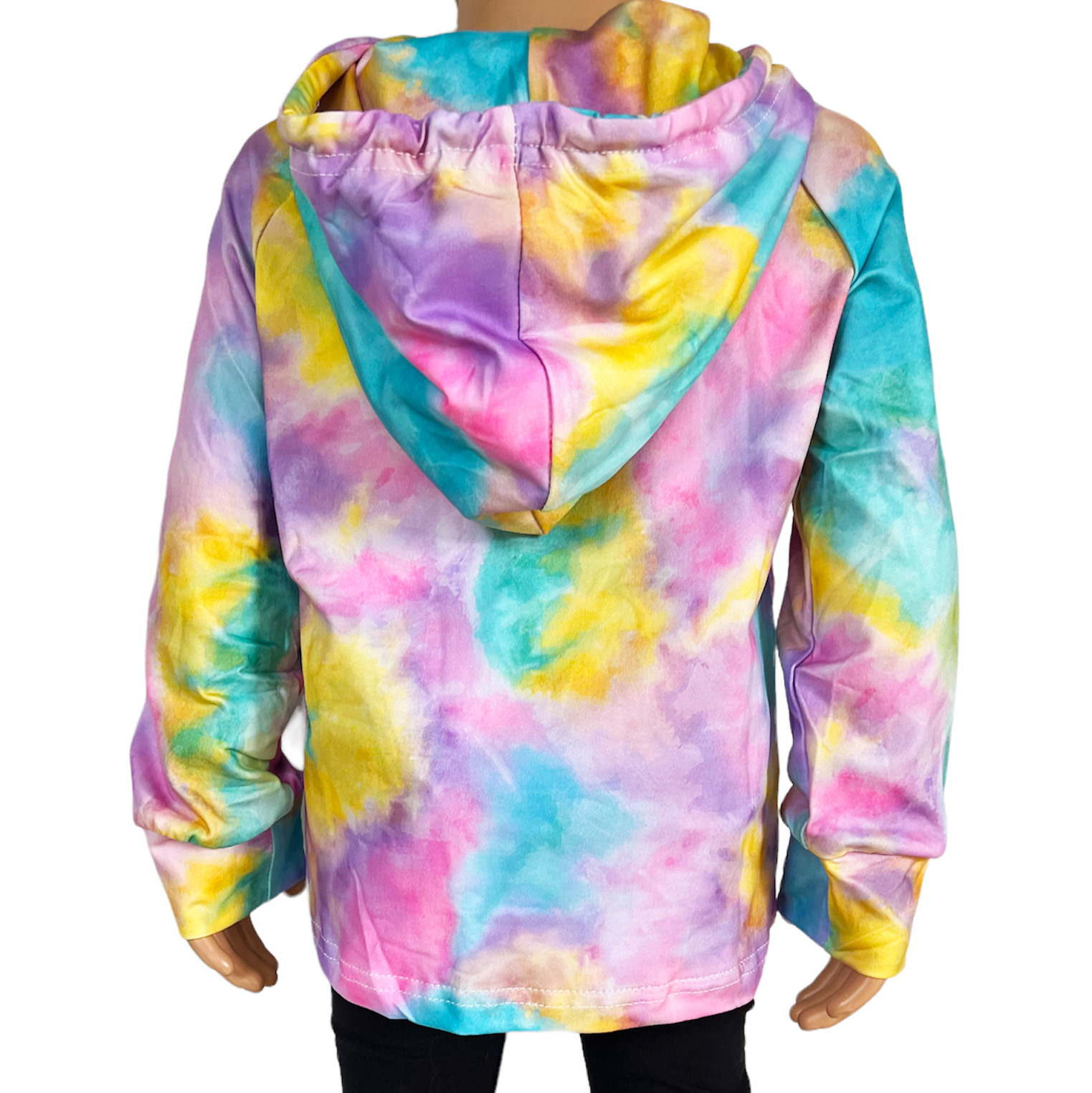 Pastel tie dye hoodie sweatshirt for girls in purple, pink, yellow, and turquoise colors, featuring pull strings for adjustable fit.