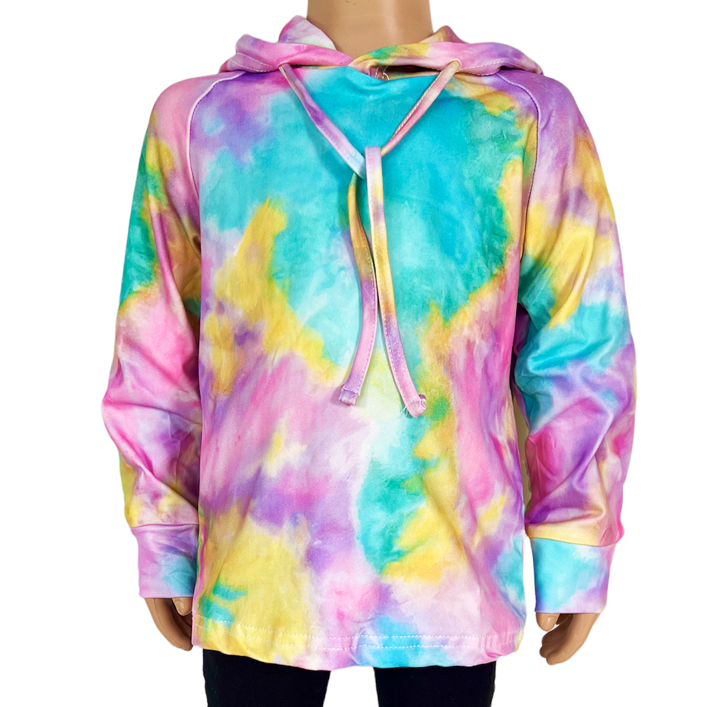 Pastel tie dye hoodie sweatshirt for girls in purple, pink, yellow, and turquoise colors, featuring pull strings for adjustable fit.