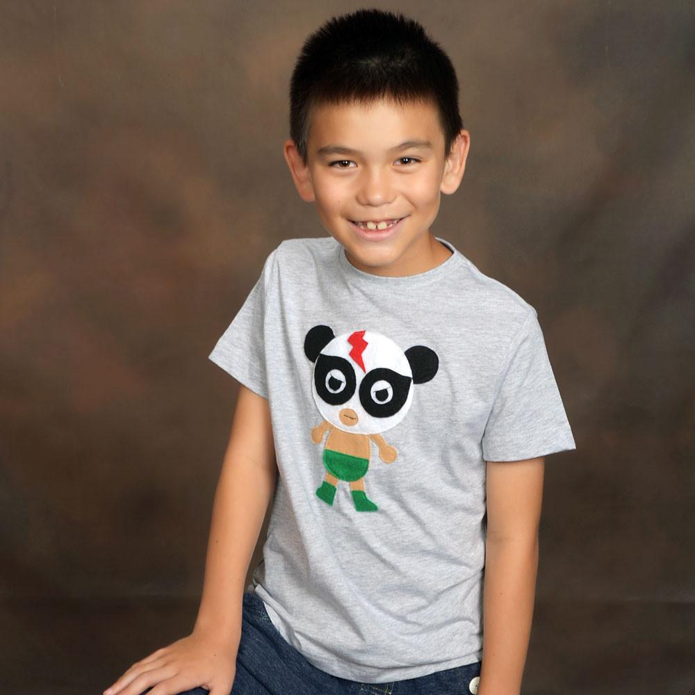 A heather gray toddler t-shirt featuring a colorful Lucha Panda design made with appliquéd felt pieces, perfect for kids.