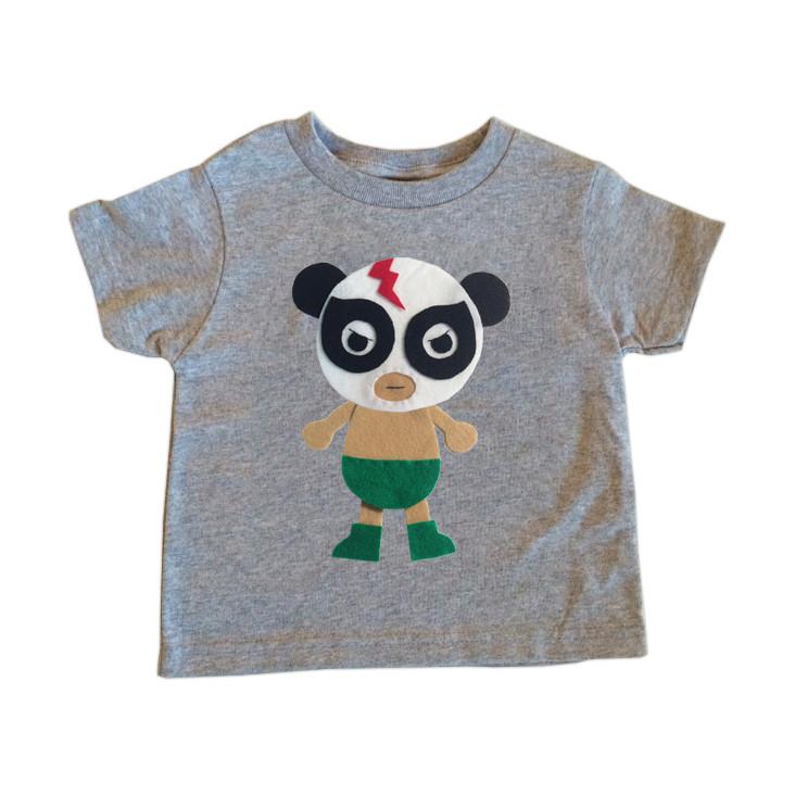 A heather gray toddler t-shirt featuring a colorful Lucha Panda design made with appliquéd felt pieces, perfect for kids.