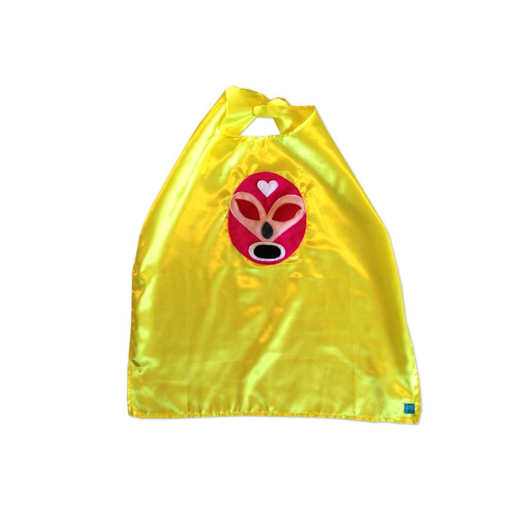 A vibrant pink Mexican wrestler cape, handmade with felt appliqué designs, perfect for children to play superhero.