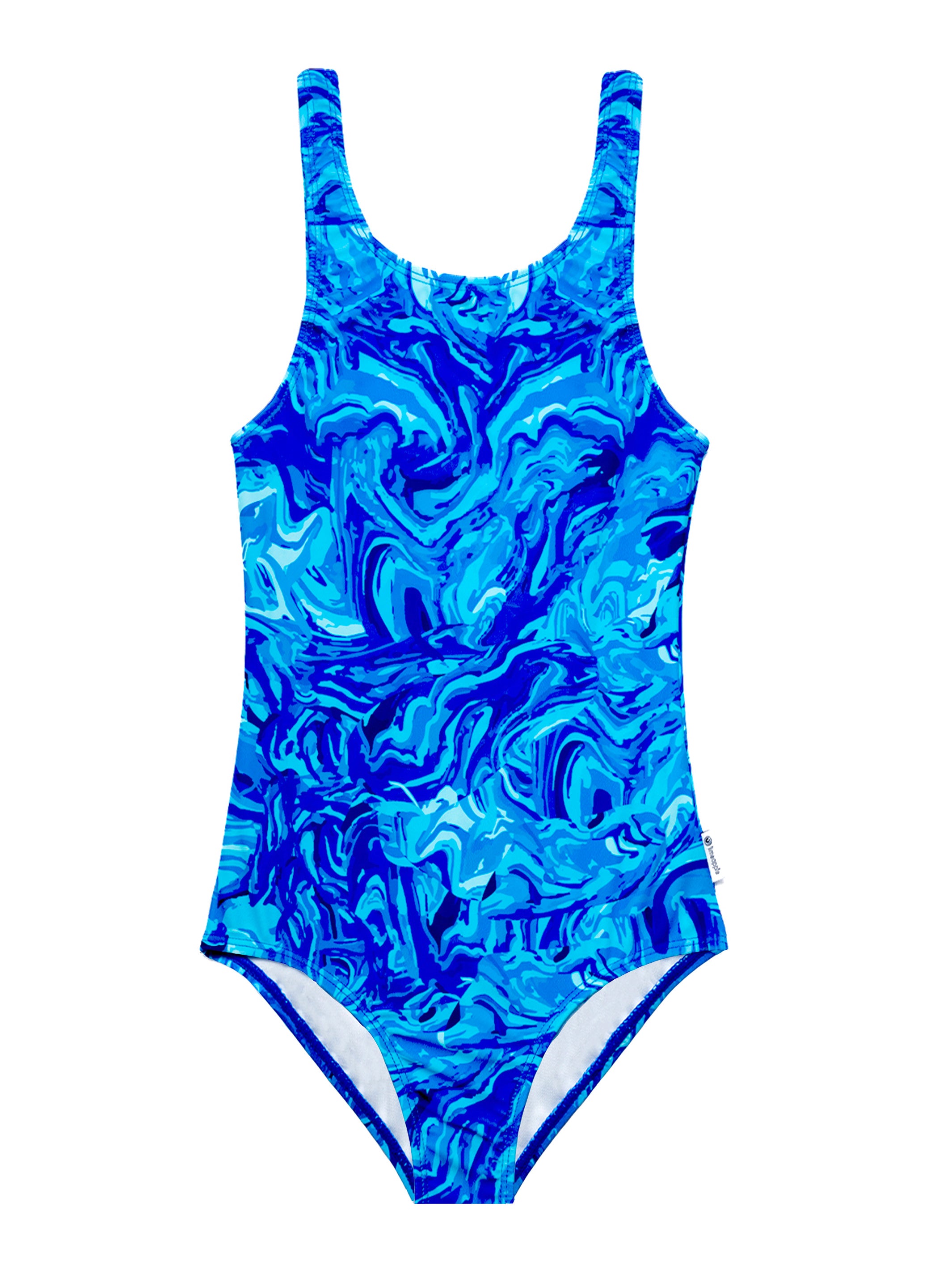 MAVI Tie Dye One Piece Swimsuit in blue with square neckline, designed for girls aged 4 to 16, featuring vibrant tie-dye pattern.