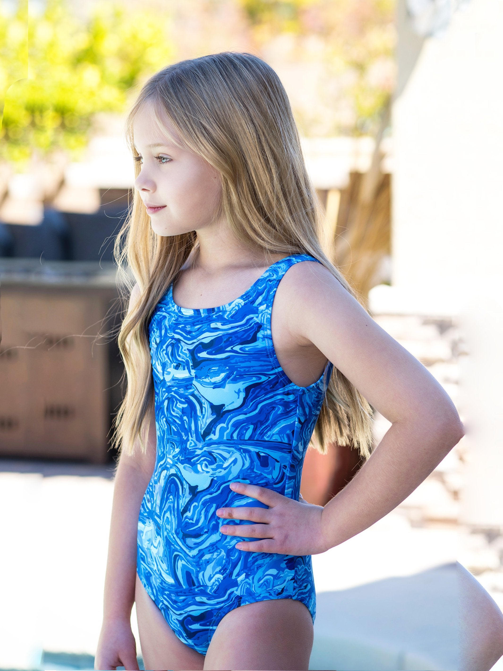 MAVI Tie Dye One Piece Swimsuit in blue with square neckline, designed for girls aged 4 to 16, featuring vibrant tie-dye pattern.