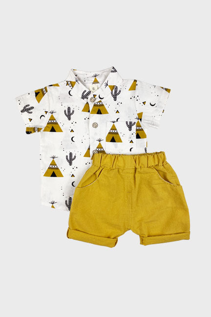 Milk 2 pc tee pee short set featuring a white top with gold tee pee print and matching gold shorts, perfect for summer wear.