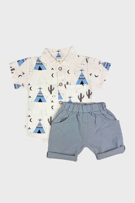 Milk 2 pc tee pee short set featuring a white top with gold tee pee print and matching gold shorts, perfect for summer wear.