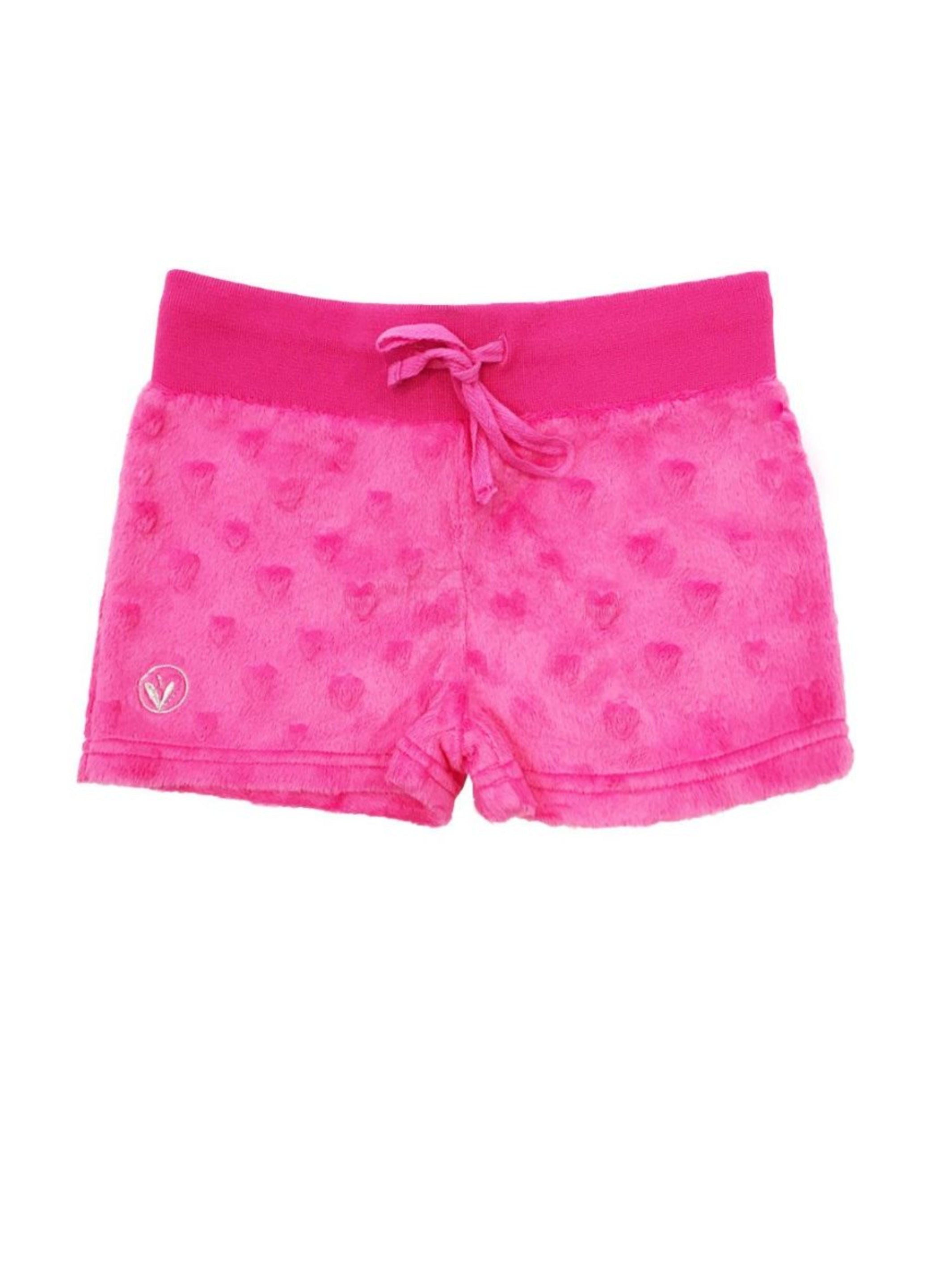 Fuchsia Minky Hearts Shorts by Limeapple featuring a drawstring waistband and heart minky detail, perfect for girls aged 4 to 16.