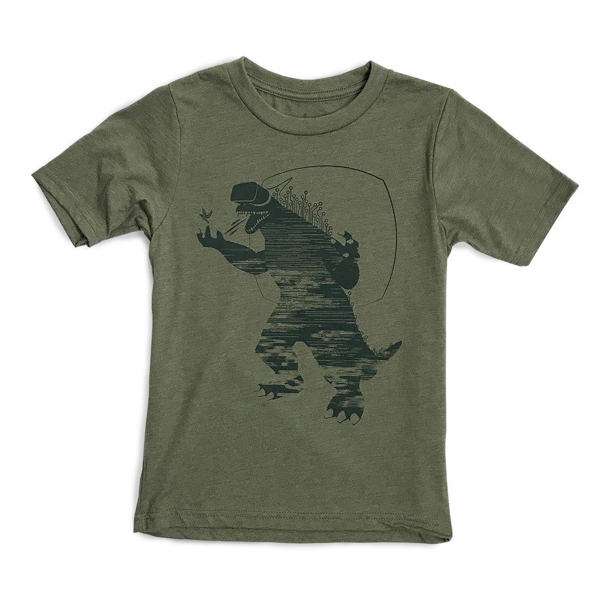 A heather olive kids t-shirt featuring original illustrations, designed for comfort and creativity.