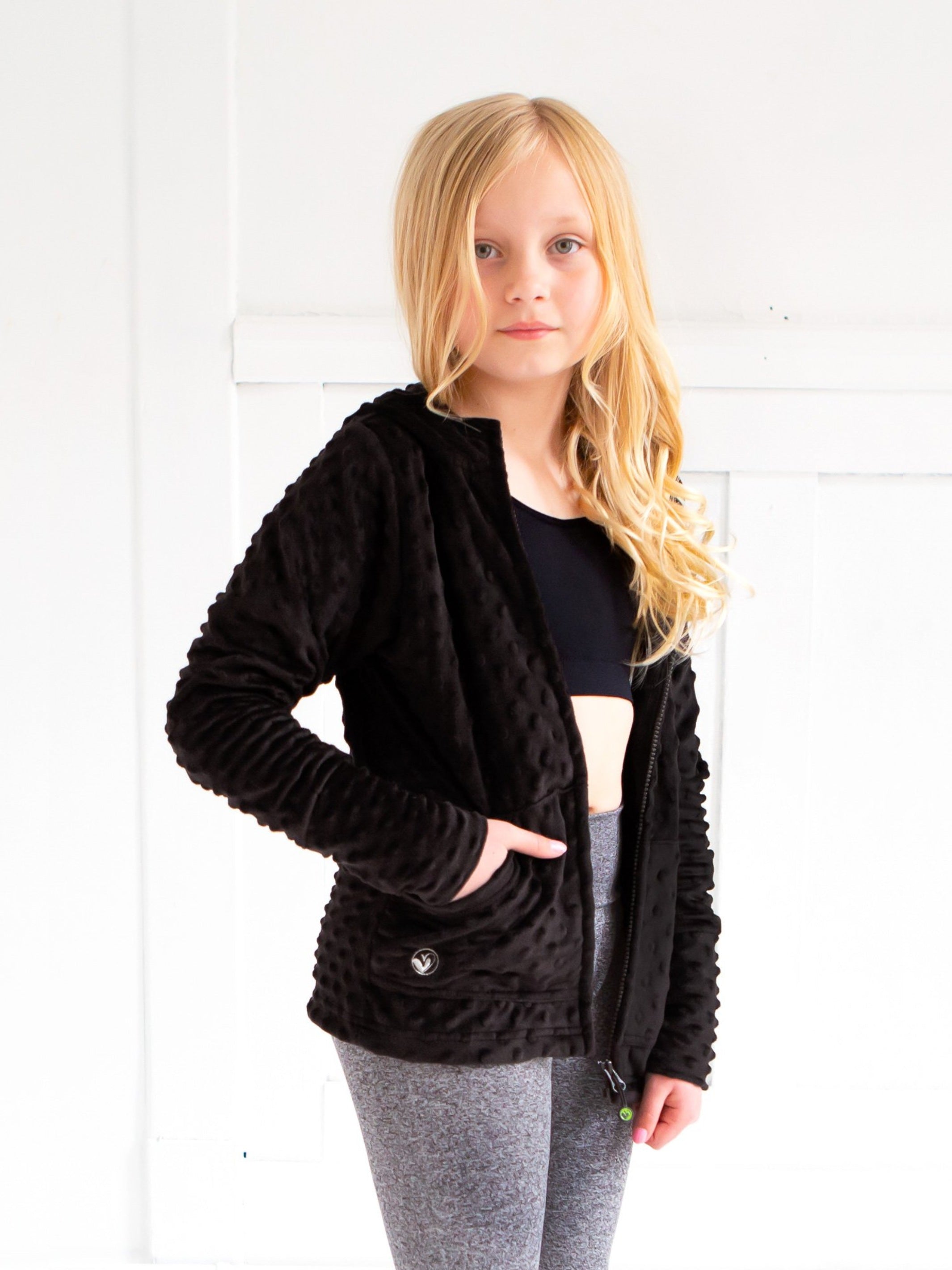 Mommy and Me Black Minky Hoodies, showcasing plush fabric and stylish design for mothers and daughters.