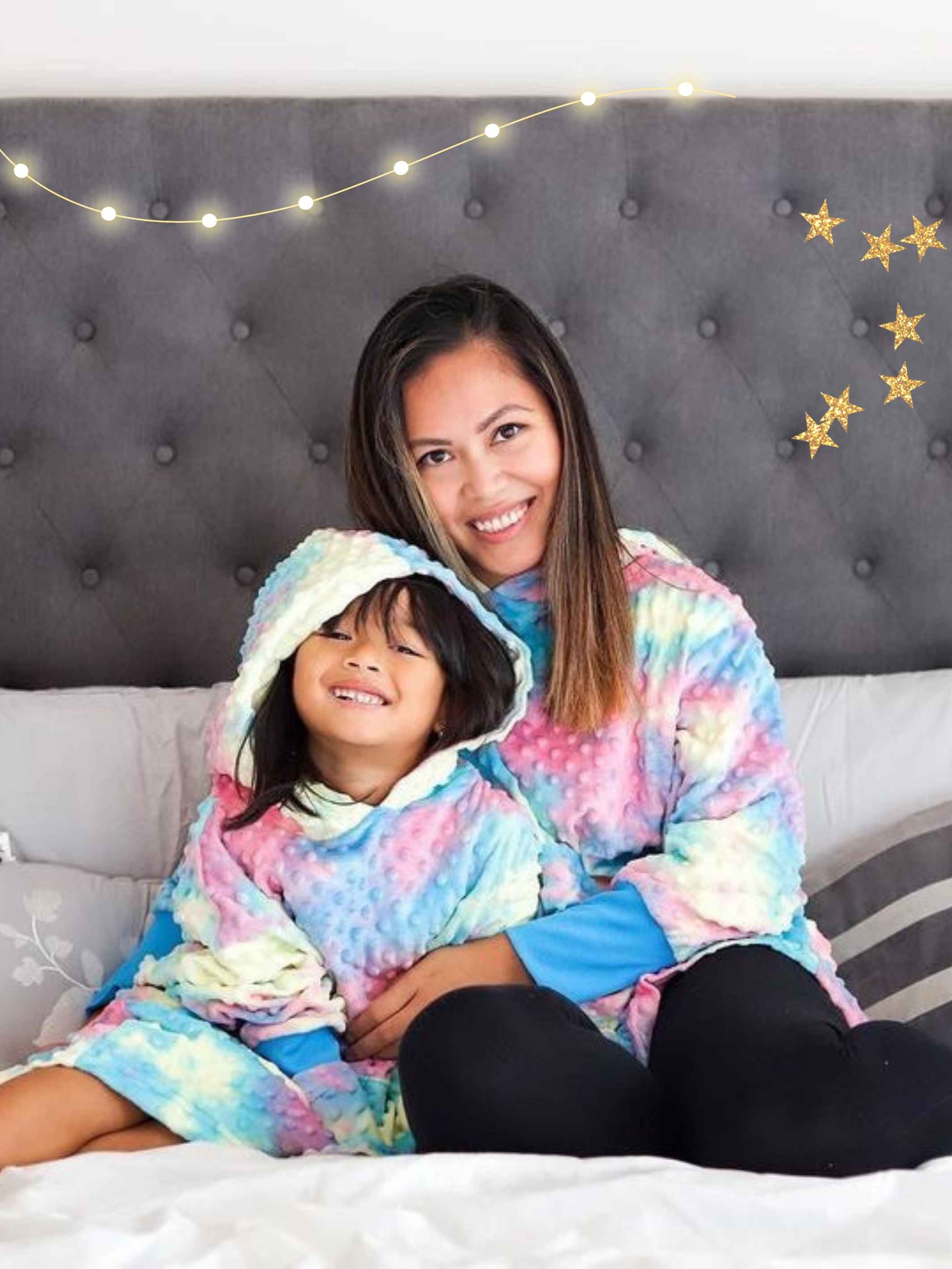 Mommy n Me Oversize Hoodie set in vibrant tie-dye colors, showcasing the plush minky fabric and oversized design for ultimate comfort.