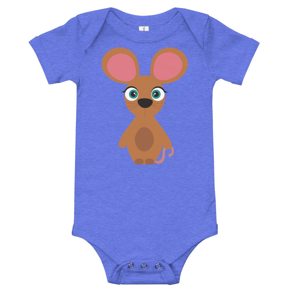 A soft cotton Mouse Kritter Onesie in heather color, featuring an envelope neckline and snap leg closure, perfect for babies.