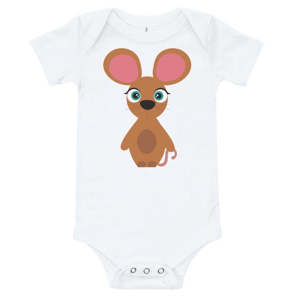 A soft cotton Mouse Kritter Onesie in heather color, featuring an envelope neckline and snap leg closure, perfect for babies.