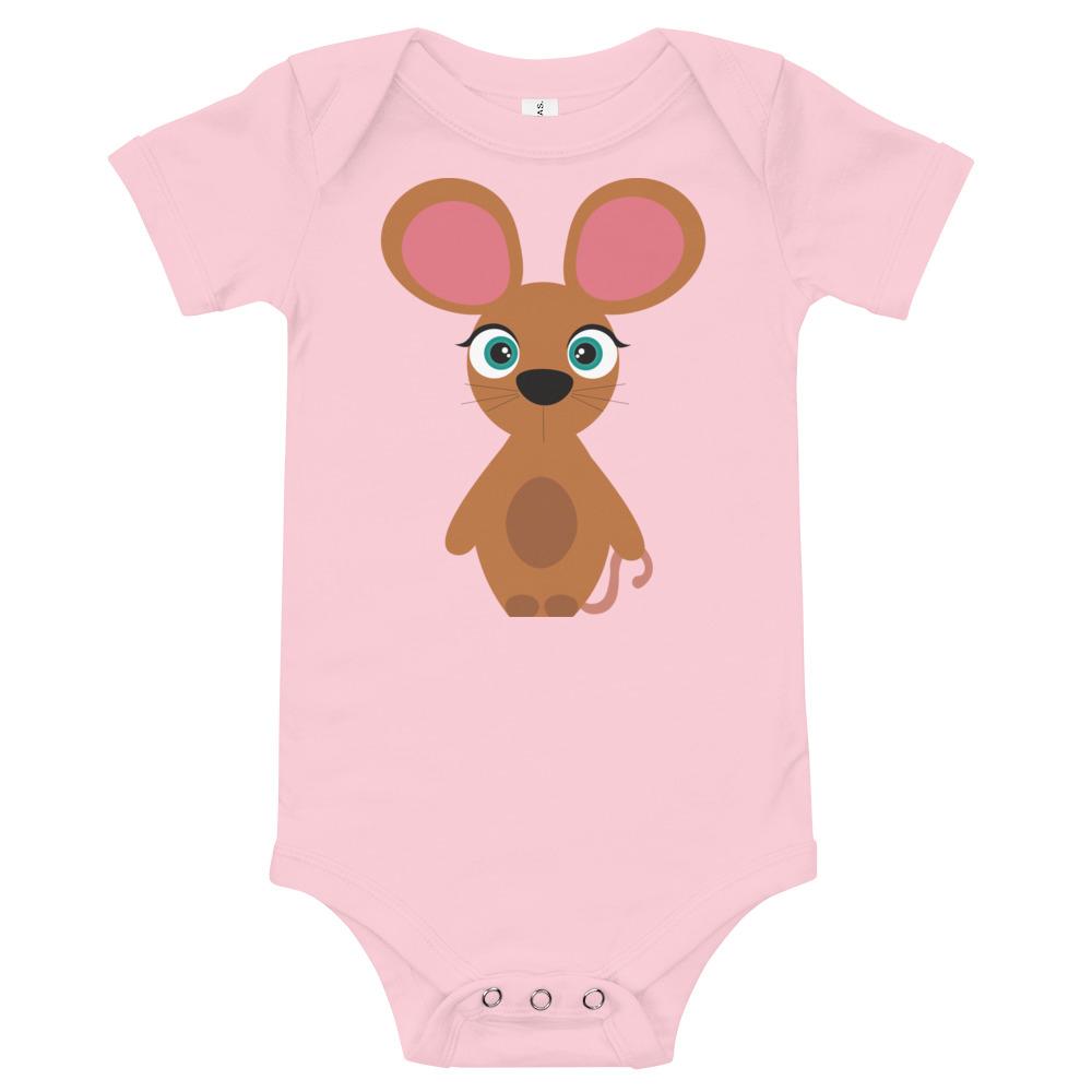 A soft cotton Mouse Kritter Onesie in heather color, featuring an envelope neckline and snap leg closure, perfect for babies.