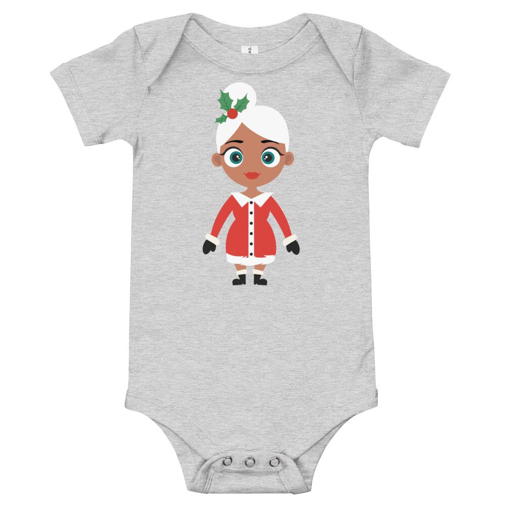 Mrs Claus Kritter Christmas Baby Bodysuit in soft cotton with festive design, featuring an envelope neckline and snap closures.