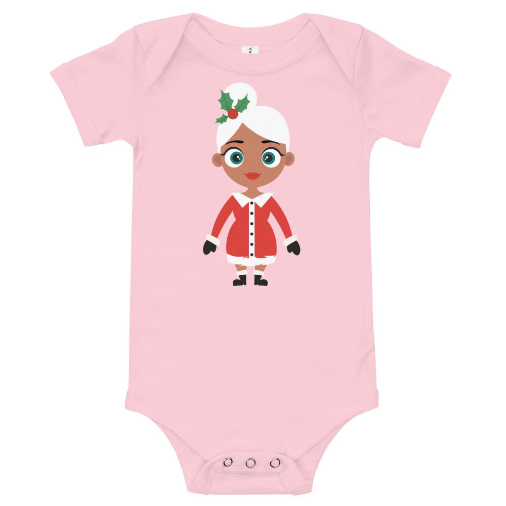 Mrs Claus Kritter Christmas Baby Bodysuit in soft cotton with festive design, featuring an envelope neckline and snap closures.