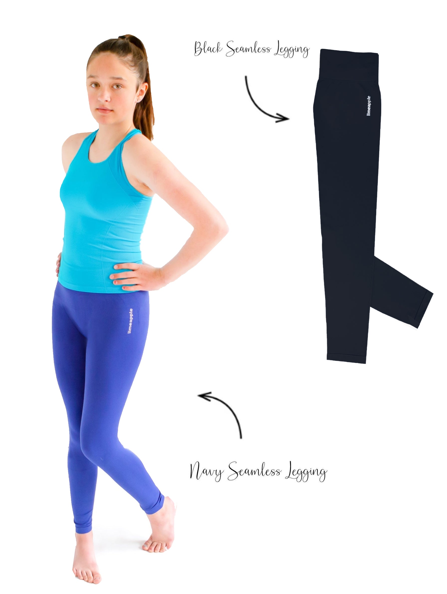 A pair of navy and black seamless leggings, showcasing their stretchy and comfortable fabric, ideal for activewear.