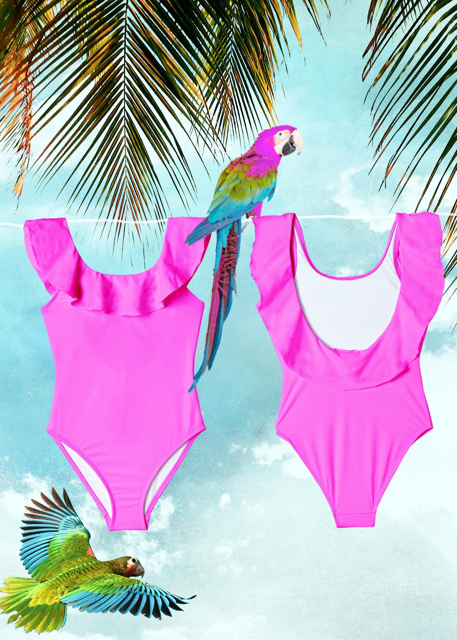 Neon pink ruffle swimsuit with matching sunglasses and swimming goggles displayed on a beach background.