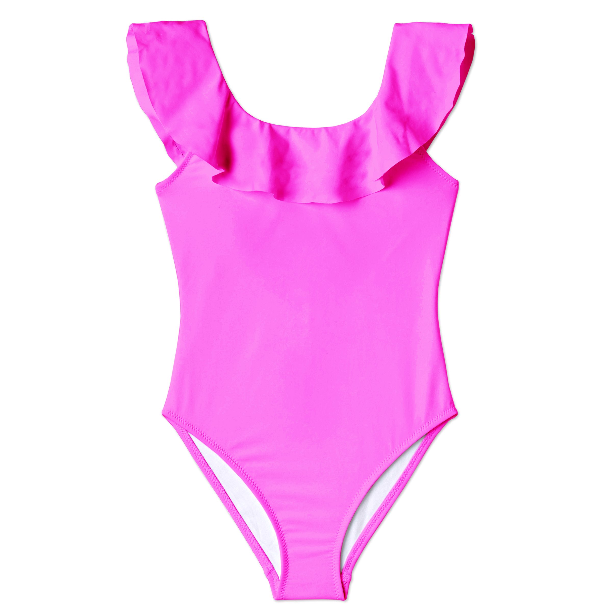 Neon pink ruffle swimsuit with matching sunglasses and swimming goggles displayed on a beach background.