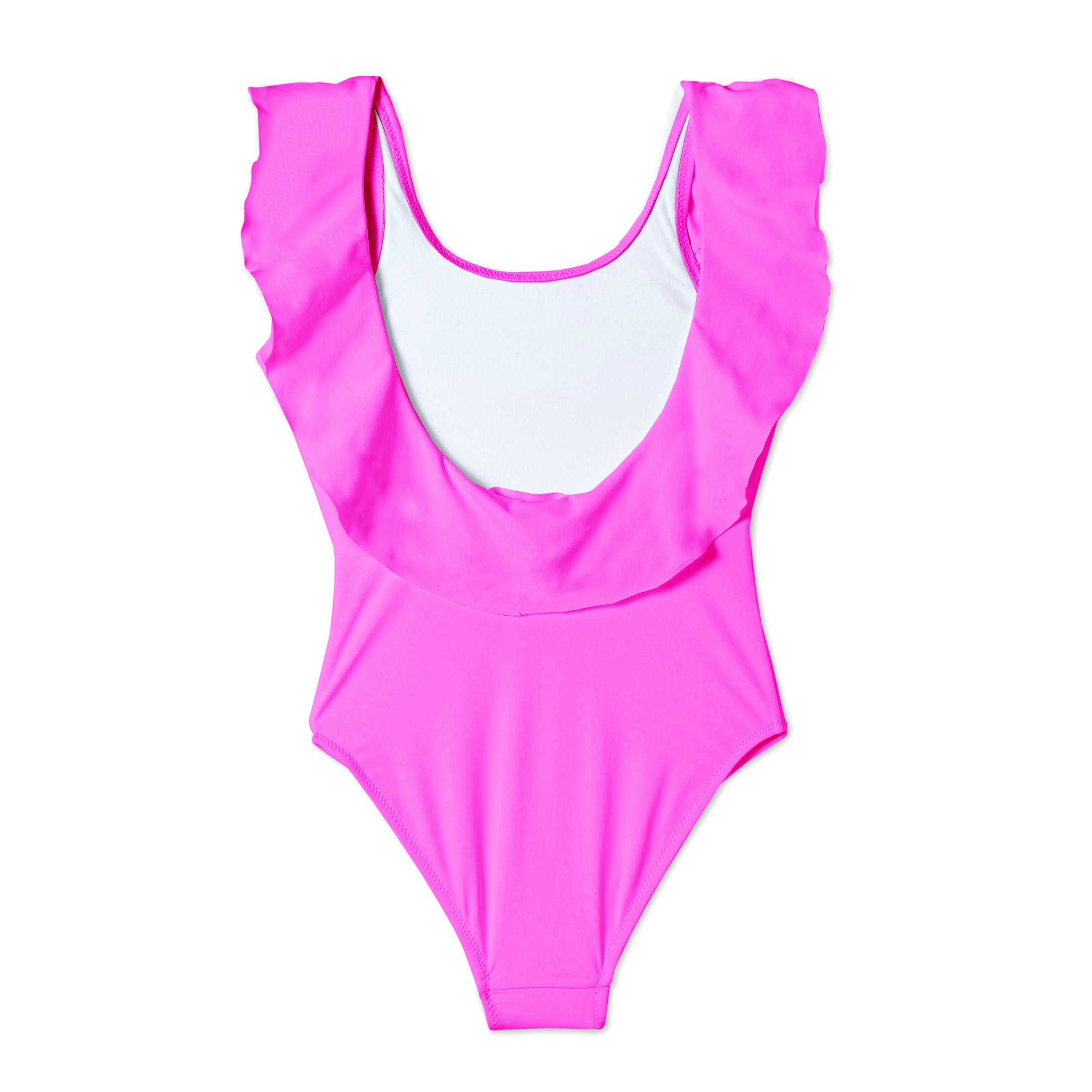 Neon pink ruffle swimsuit with matching sunglasses and swimming goggles displayed on a beach background.