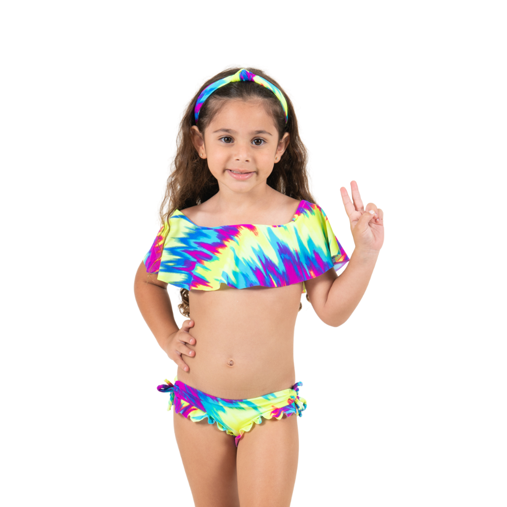 Colorful neon tie dye kids bikini featuring off the shoulder top and adjustable bottom, perfect for summer swimwear.