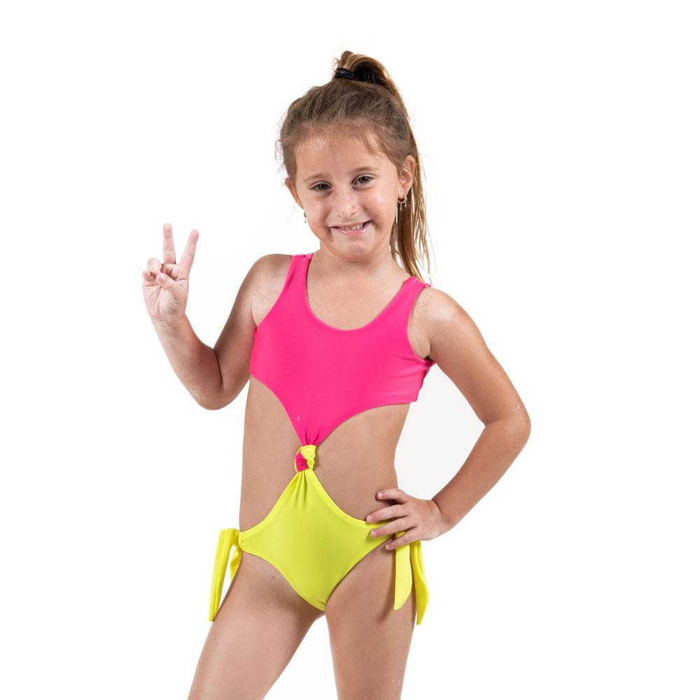 Colorful Neon Trikini for kids, featuring vibrant patterns and UV protection, perfect for summer swimming.