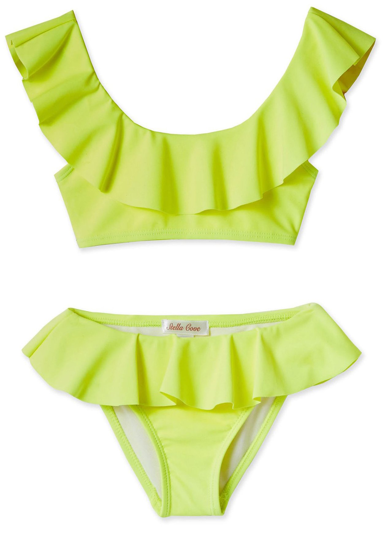 A vibrant neon yellow bikini for girls, featuring a stylish cut that can be worn on or off the shoulder, made from high-quality fabric.