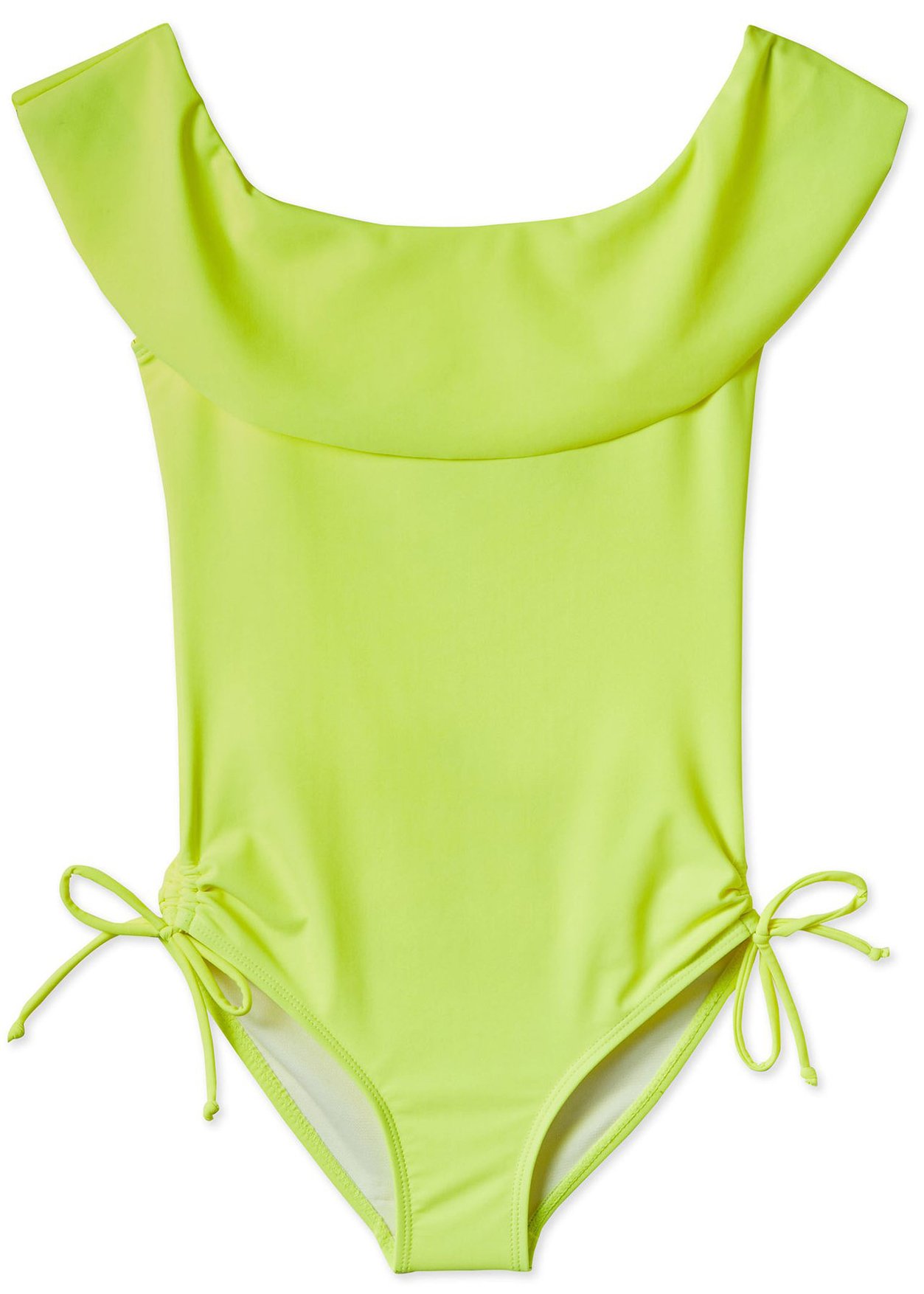 Neon yellow draped swimsuit with Jackie O neckline and adjustable straps, perfect for girls' summer wear.