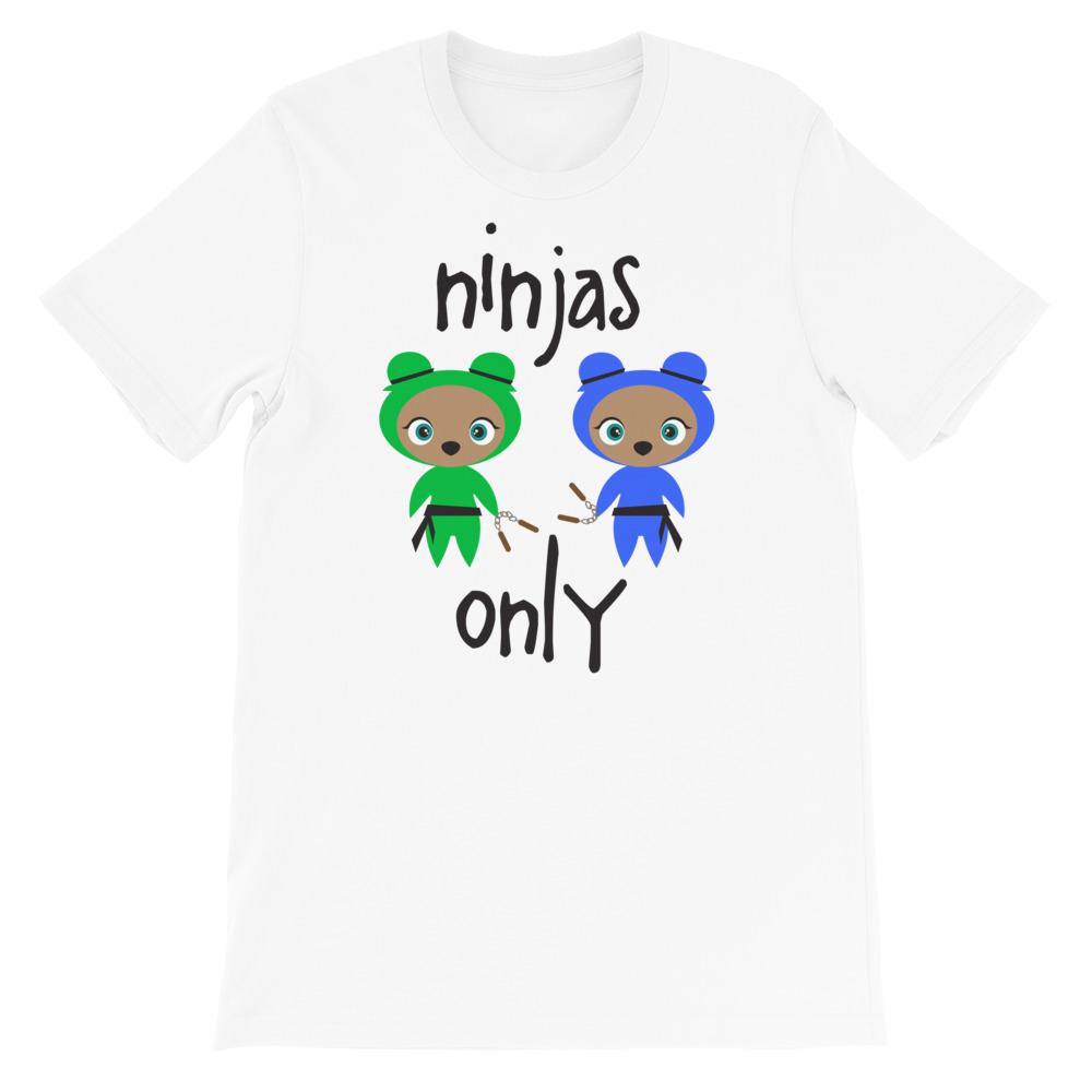 Ninjas Only Adult Unisex T-shirt in various sizes, showcasing its soft fabric and stylish design.