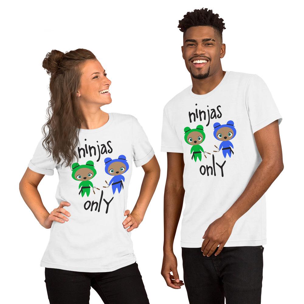 Ninjas Only Adult Unisex T-shirt in various sizes, showcasing its soft fabric and stylish design.